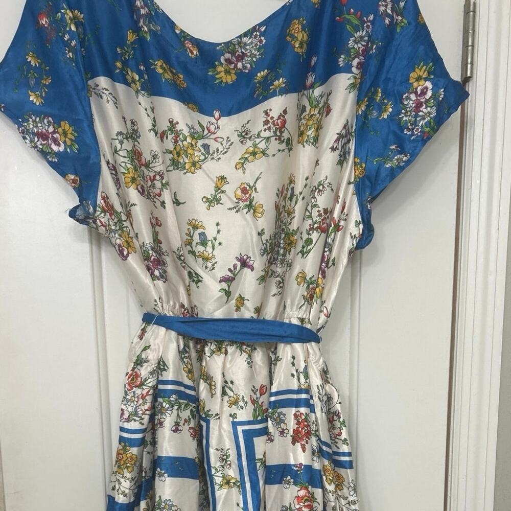 ModCloth Sunlit Reverie Floral Satin Scarf Print Dress Blue Cream 3X NWT Garden - Picture 10 of 15